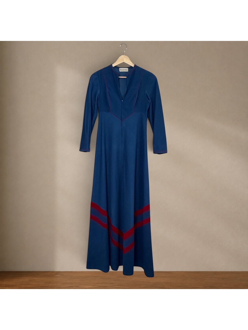 Vintage 70s Vasarette Blue Red Chevron Maxi Hostess Lounge Dress
